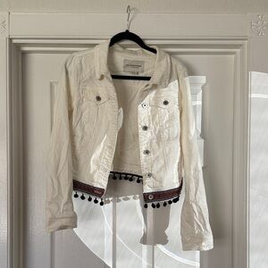 Anthropologie White Jean Jacket with Black Pom-Pom Detail